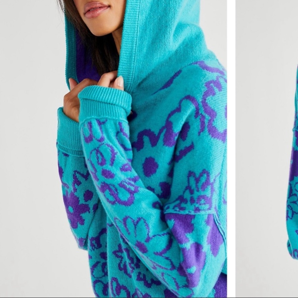 Free People Teal and Purple Floral Hooded Pullover Sweater - Picture 16 of 16